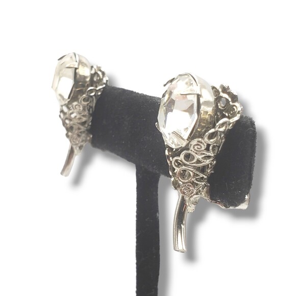 Silver Tone Filigree Oval Faceted Prong Set Rhinestone Clip On Earrings Floral - Picture 4 of 8